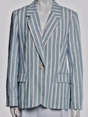 L'agence Linen Striped Light Blue & White Single-Button Blazer